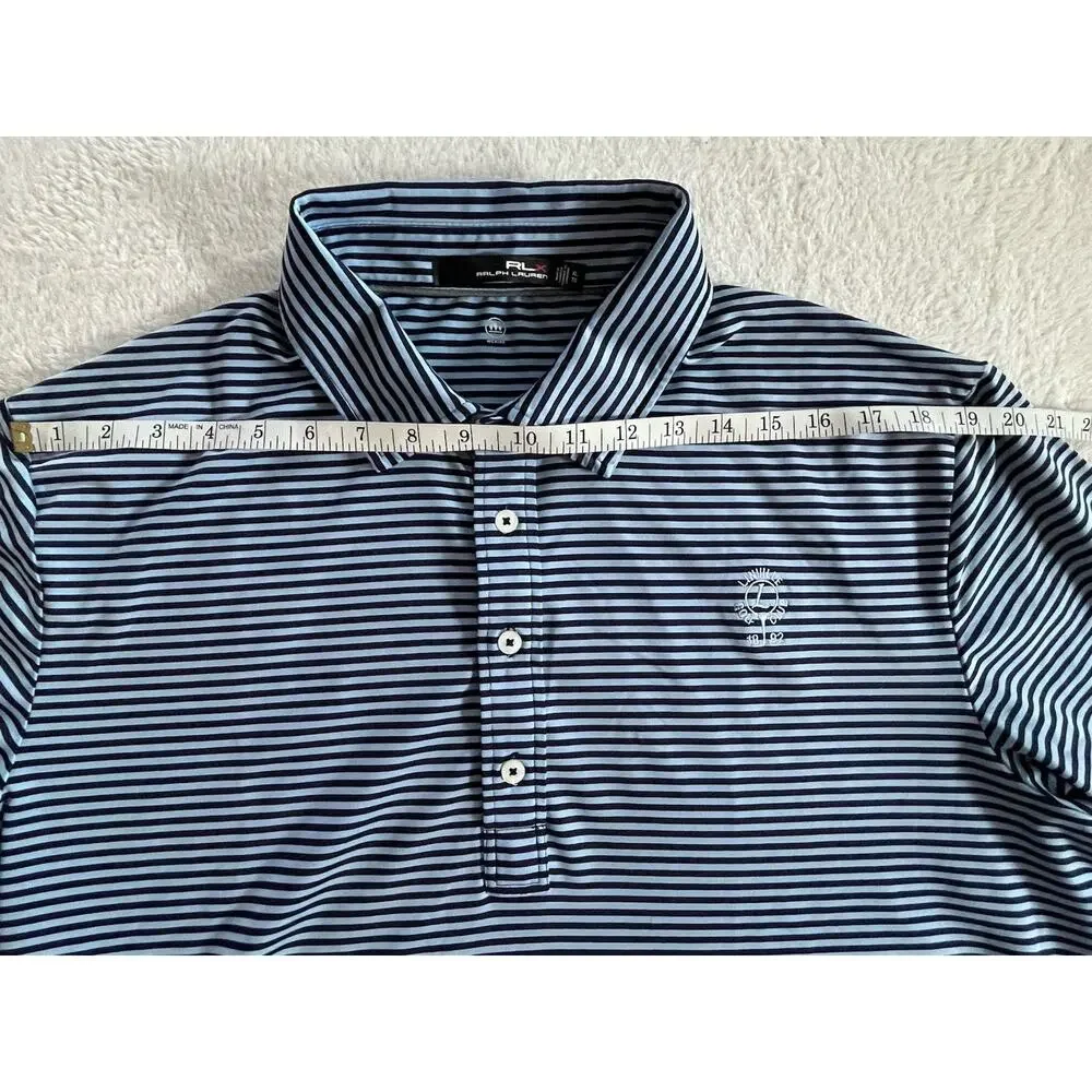 Ralph Lauren RLX Polo Shirt Mens XL Blue Striped Linville Golf Club NC Wicking